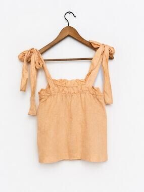 J.Crew Women’s Medium Linen Tie Shoulder Tank Top Peach Ruffle Cottagecore Sz M